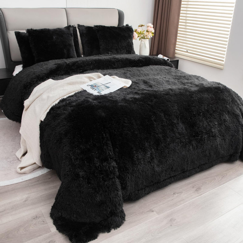 Black Queen Faux Fur Blanket, 2 Layers, 90"x90" Without Pillows Big Soft Plush Fuzzy Large Warm Fluffy Throw Blanket