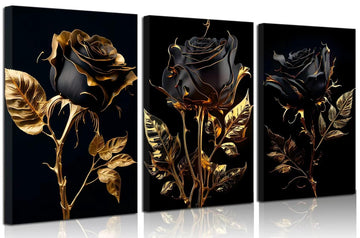 3Pcs Abstract Black And Gold Rose Wall Art Canvas Wrapping 12x16in