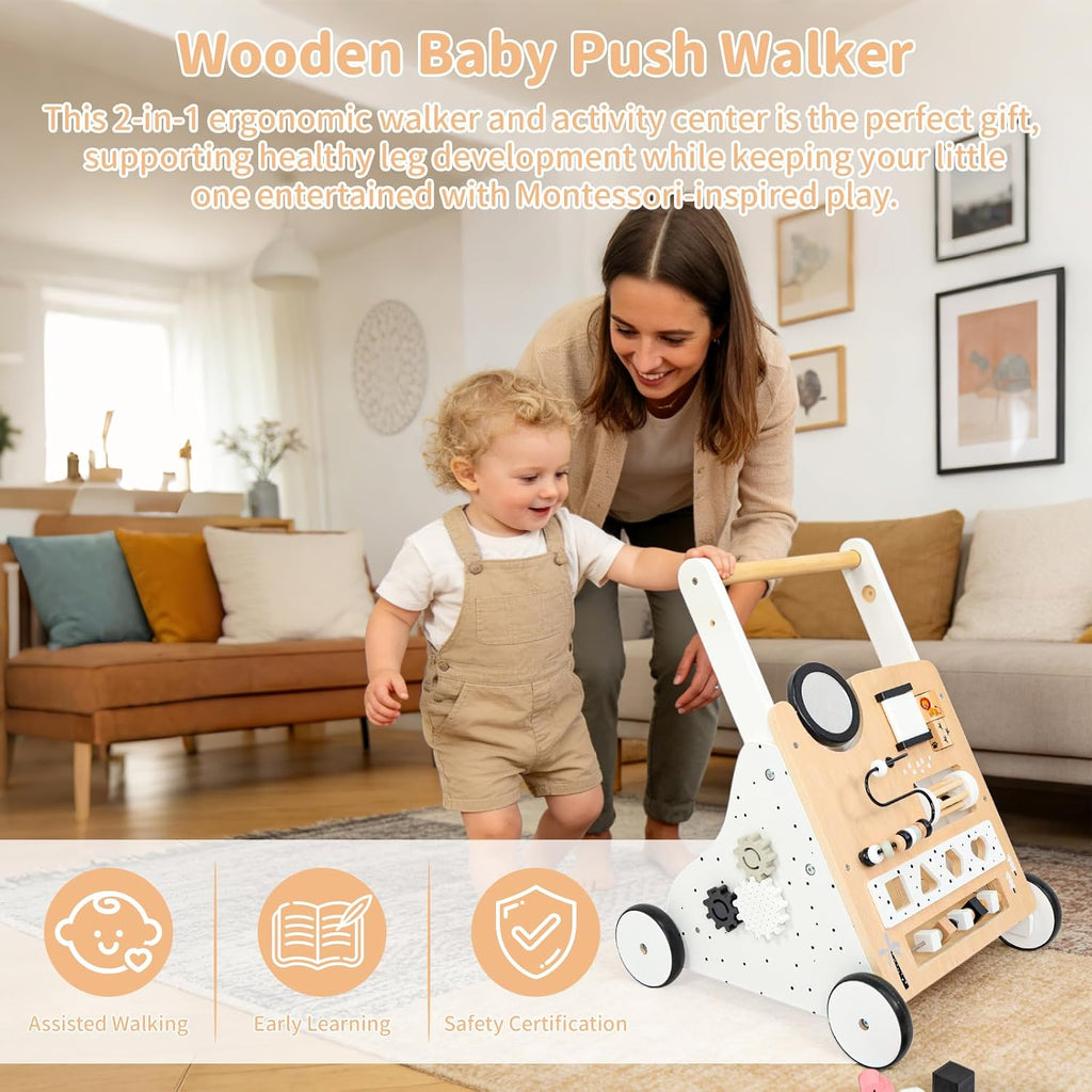 Wooden Baby Walker for Toddlers 1-3, Adjustable Height Montessori Push Toy with in-1 Activity Center, Baby Push