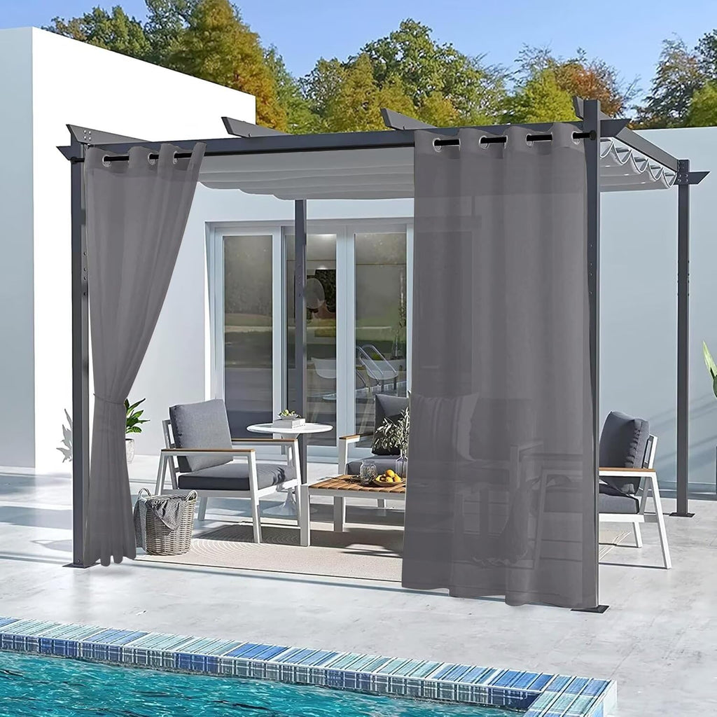 Outdoor Sheer Curtains Waterproof - 2 Panels Linen Look Grommet Curtain Light Filtering Outside Drapes, Pergola