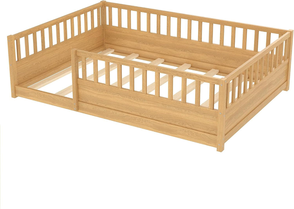Full Size Floor Bed with High Fence, Wood Montessori Bed with Slats and Guardrails