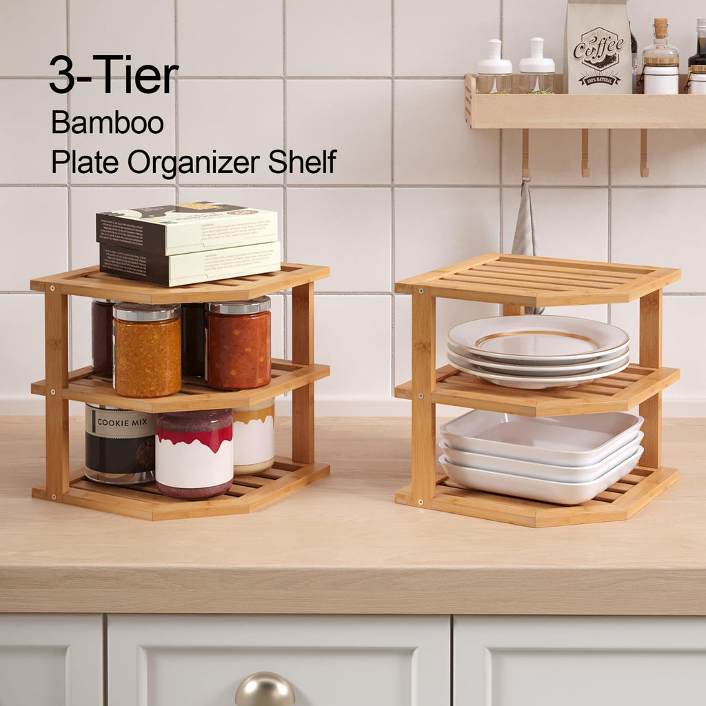 3 Tier Bamboo Dish Drying Rack, Corner Shelf 4 Pack(Natural)