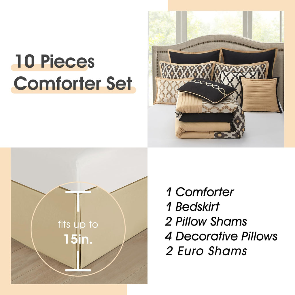 Queen Comforter Set, Black Gold, 10 Piece Bed in a Bag for All Seasons, Luxury Extreme Comfort Bedding Sets with