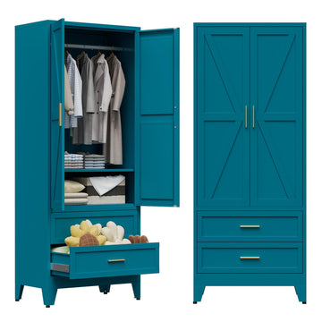 71 Farmhouse Metal Wardrobe Closet with Hanging Rod, 2 Barn Doors, Adjustable Shelves, Steel Armoire with Drawer Green