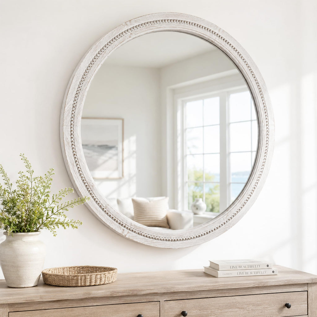 Solid Wood 36 Inch Round Beaded Wall Decor Mirror, Distressed White