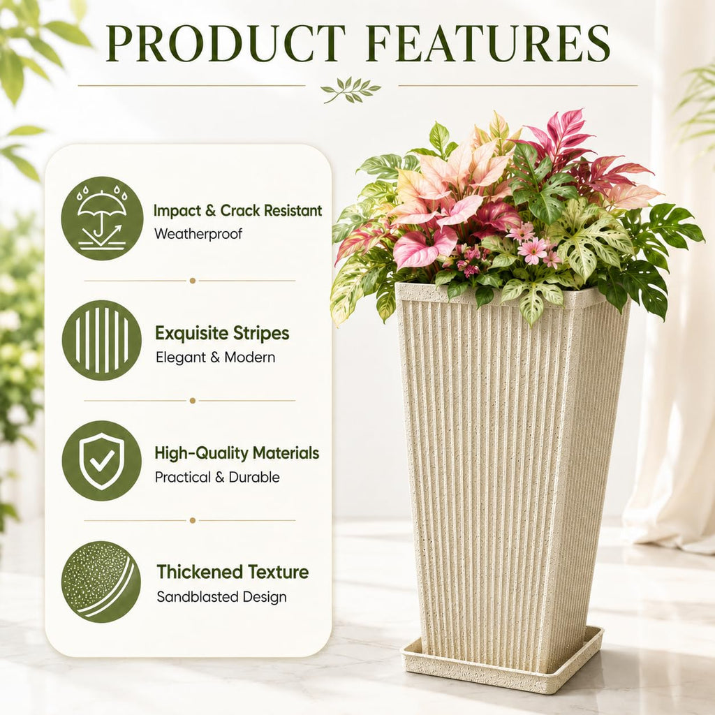 24" Tall Planters for Outdoor Plants Set of 2 Square Fluted, Beige