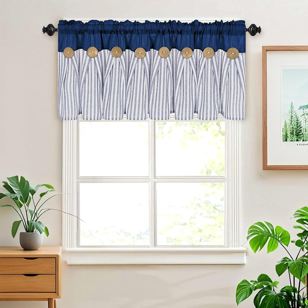 Farmhouse Valances for Windows, Boho Kitchen Curtains with Rustic Buttons, Blue Striped Valance, Cotton Linen Window