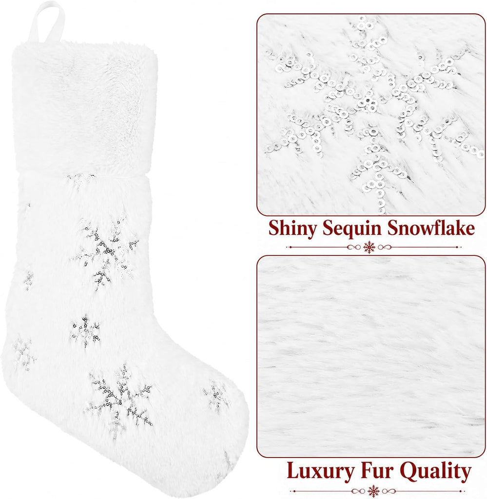 4 Pack Christmas Stockings, 18.5 Inch Large Faux Fur Xmas Stocking, Festive Gift Decor with Silver Sequin Snowflakes