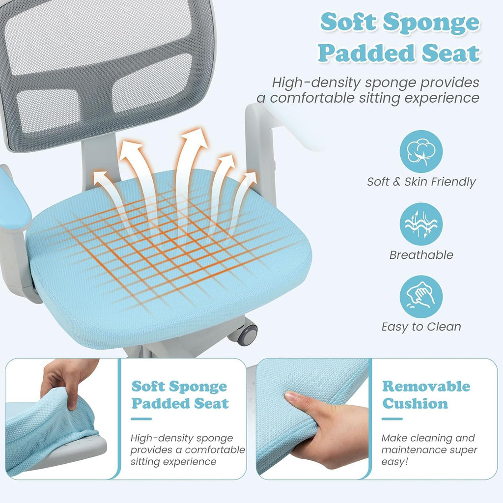 Kids Desk Chair, Ergonomic Adjustable Student Rolling Chair with Footrest & Flip-up Armrest, Mesh Children Office