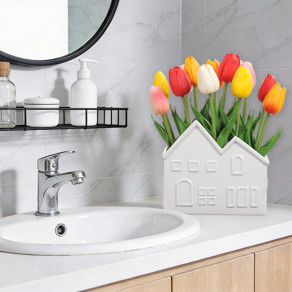 Artificial Tulips Flowers in Ceramic Pot, Real Touch Fake Tulips PU Flower Arrangement, Faux Tulips Potted for Dining