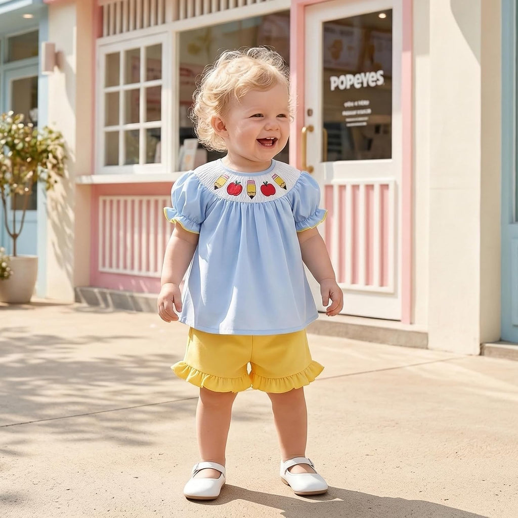 Back to School Little Toddler Girls Outfit Pre K First Day of School Smocked T-Shirt Dress Top Ruffle Shorts Set