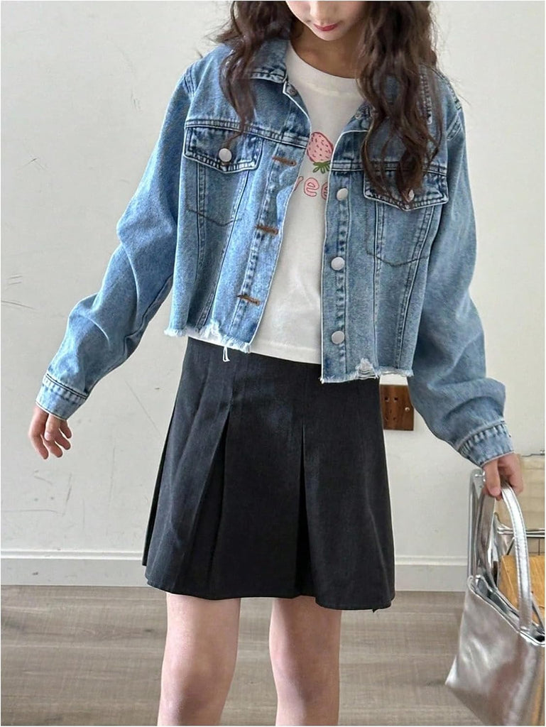 Girl's Crop Denim Jacket Long Sleeve Jean Jacket Fall Outerwear