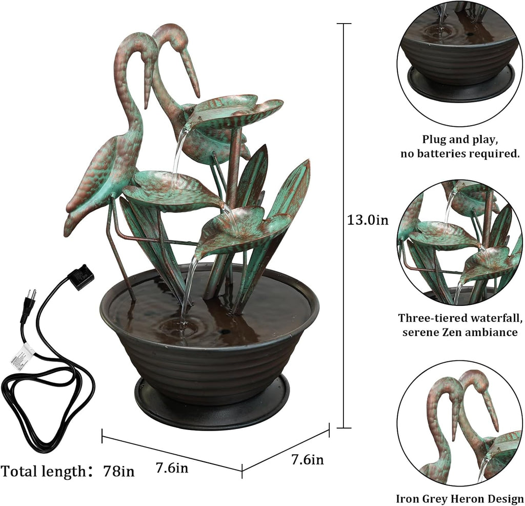 Tabletop Water Fountain with Standing Metal Crane Decor, 3-Tier Lotus Leaf Indoor Zen Waterfall Fountains