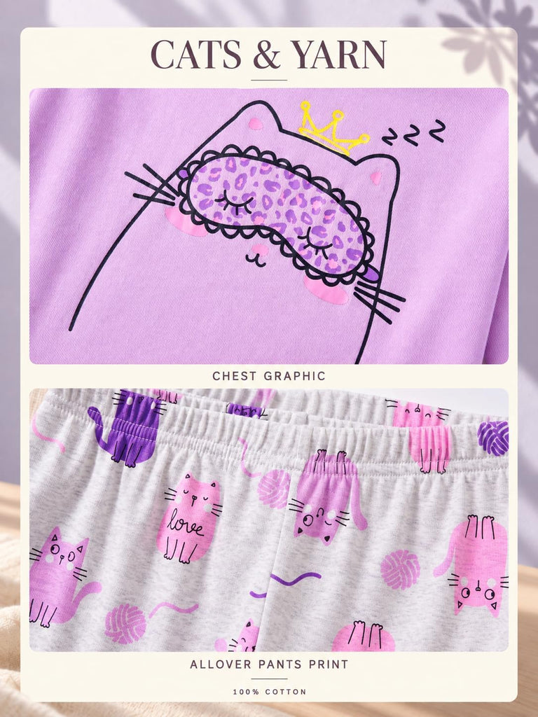 Girls Long Sleeve Piece Cotton Rib-Knit Pajamas Set