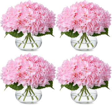 Hydrangea Artificial Flowers Hydrangea Flowers Fake Silk Hydrangeas with Faux Vase and Water Table - Set of 4