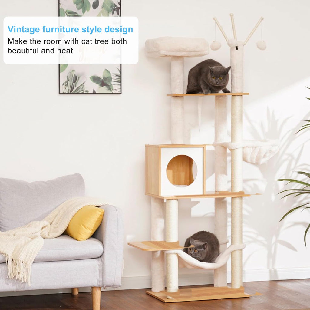 Wooden Cat Tree Tower with Hammock for Indoor Cats