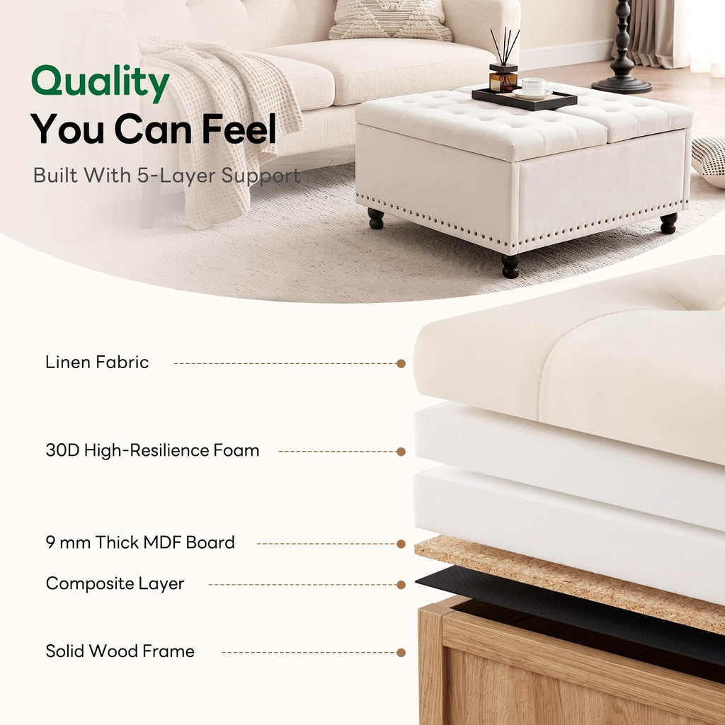 35.5 Inch Large Square Ottoman with Storage, Lift Top, Beige