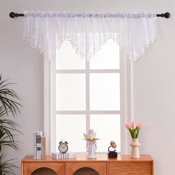 3 Pieces White Lace Triangle Sheer Valance Curtains with Tassels, Leaf Embroidered Rod Pocket Farmhouse Window