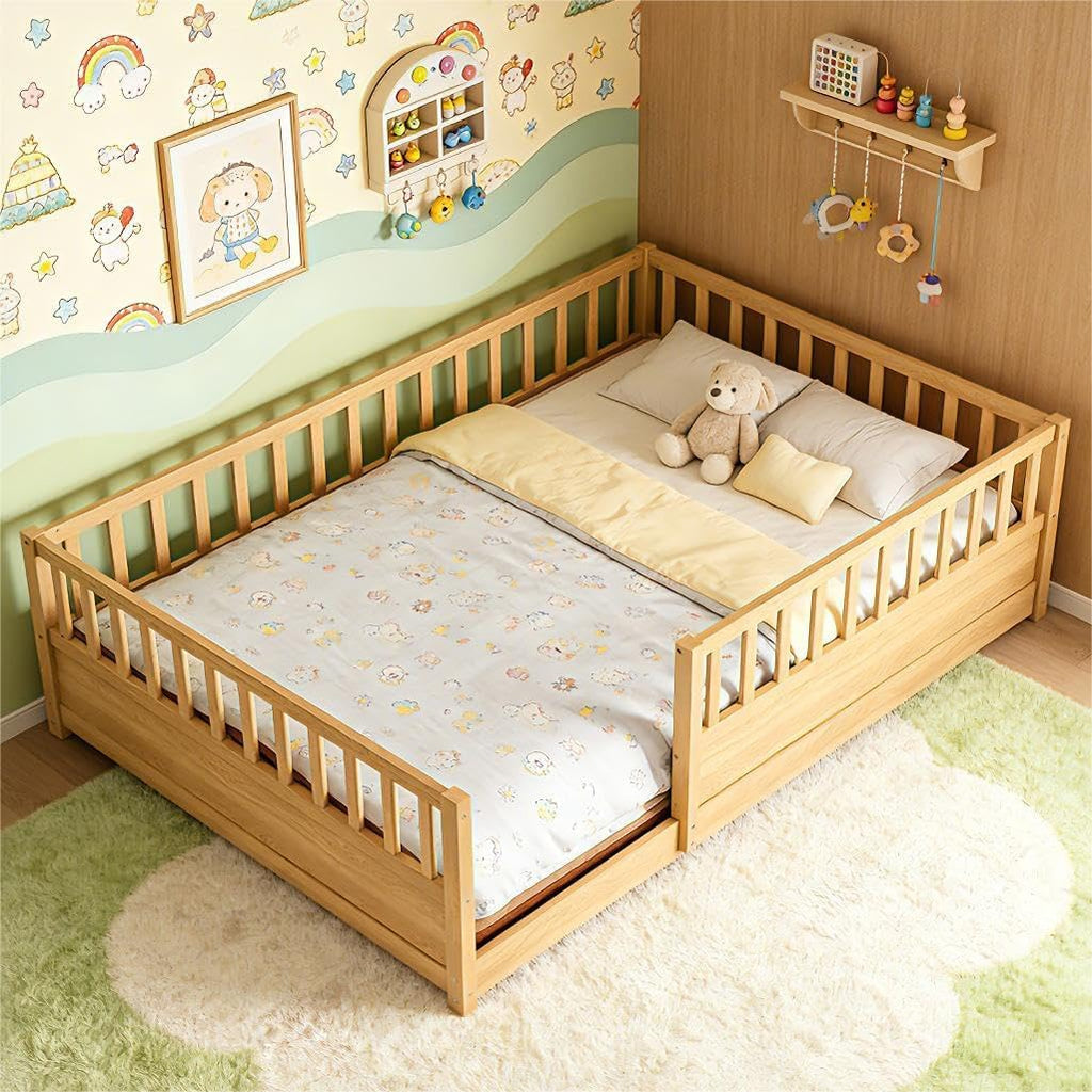 Full Size Floor Bed Frame with 21.4" High Fence, Solid Wood Low Platform Montessori Floor Bed Full for Kids, No Box