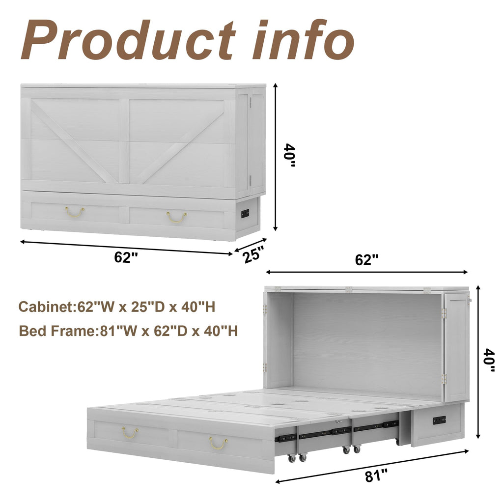 Solid Wood Murphy Bed Cabinet:Queen Size Murphy Bed with USB Charging Station and Large Storage Drawer, Optimize