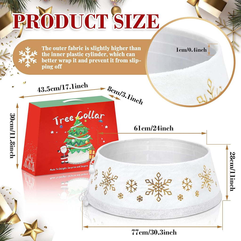 Christmas White Tree Collar Ring, 30'' Plush Gold Snowflake Sequin Tree Skirt, Christmas Artificial Tree Base Stand
