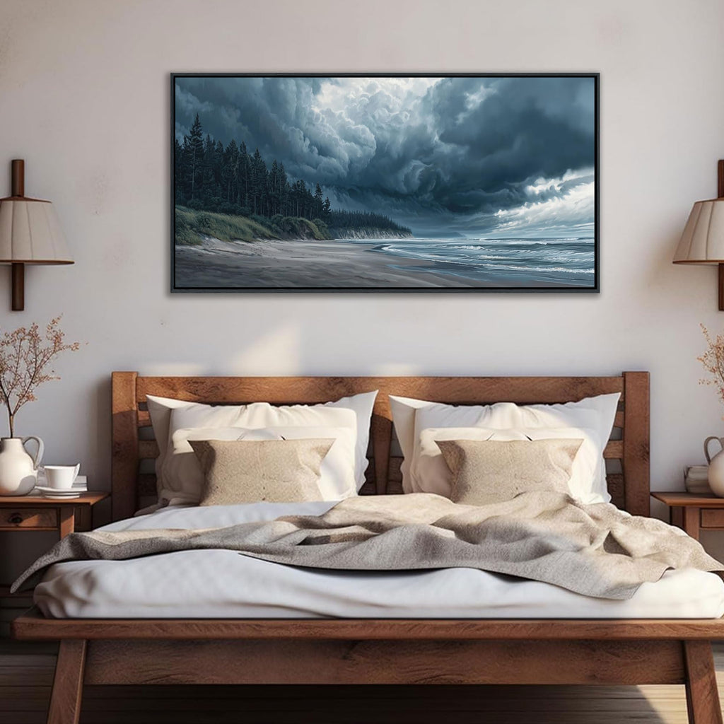 Beach Wall Art Navy Blue Picture Coastal Sea Wave Wall Decor Canvas Print Pictures Bedroom Decoration, Forest Framed