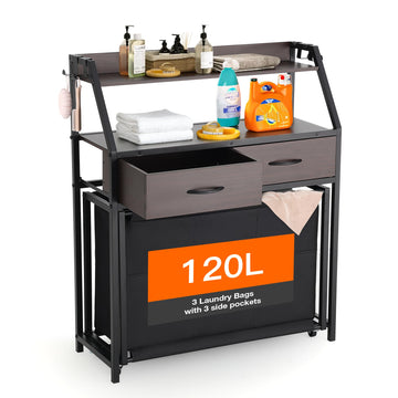 Laundry Hamper with Shelf, 2 Tier Rolling Laundry Hamper 3 section, Laundry Sorter Basket with Wheels, Pull-Out
