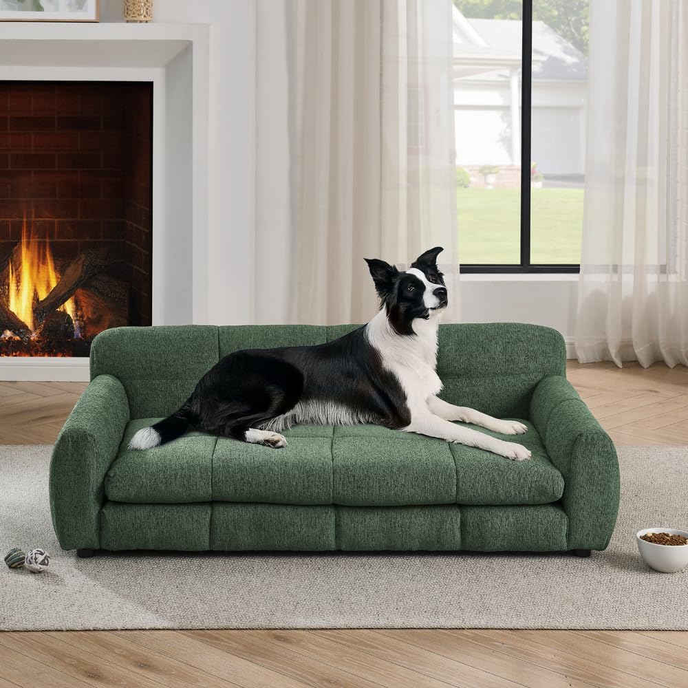 Oversize Pet Bed for Big and Oversized Dogs, Durable Elevated Dog Couch, Modern and Fashionable Linen Fabric, Green