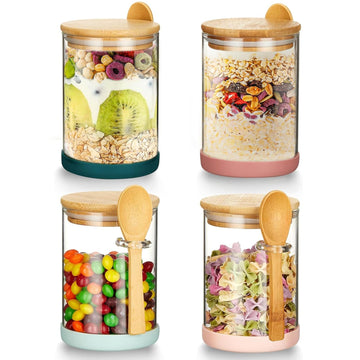 Set of 4 Airtight Glass Jars with Bamboo Lids & Spoons, 17 oz Borosilicate Overnight Oats Containers with Lids, Clear