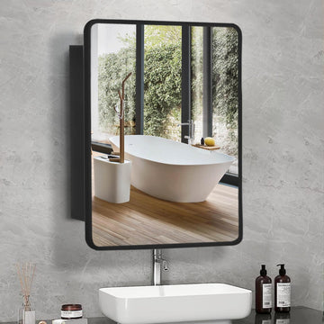 Black Metal Framed Bathroom Mirror Medicine Cabinet, 30 Inch x 24 Inch Recessed Wall Mounted Medicine Cabinet with