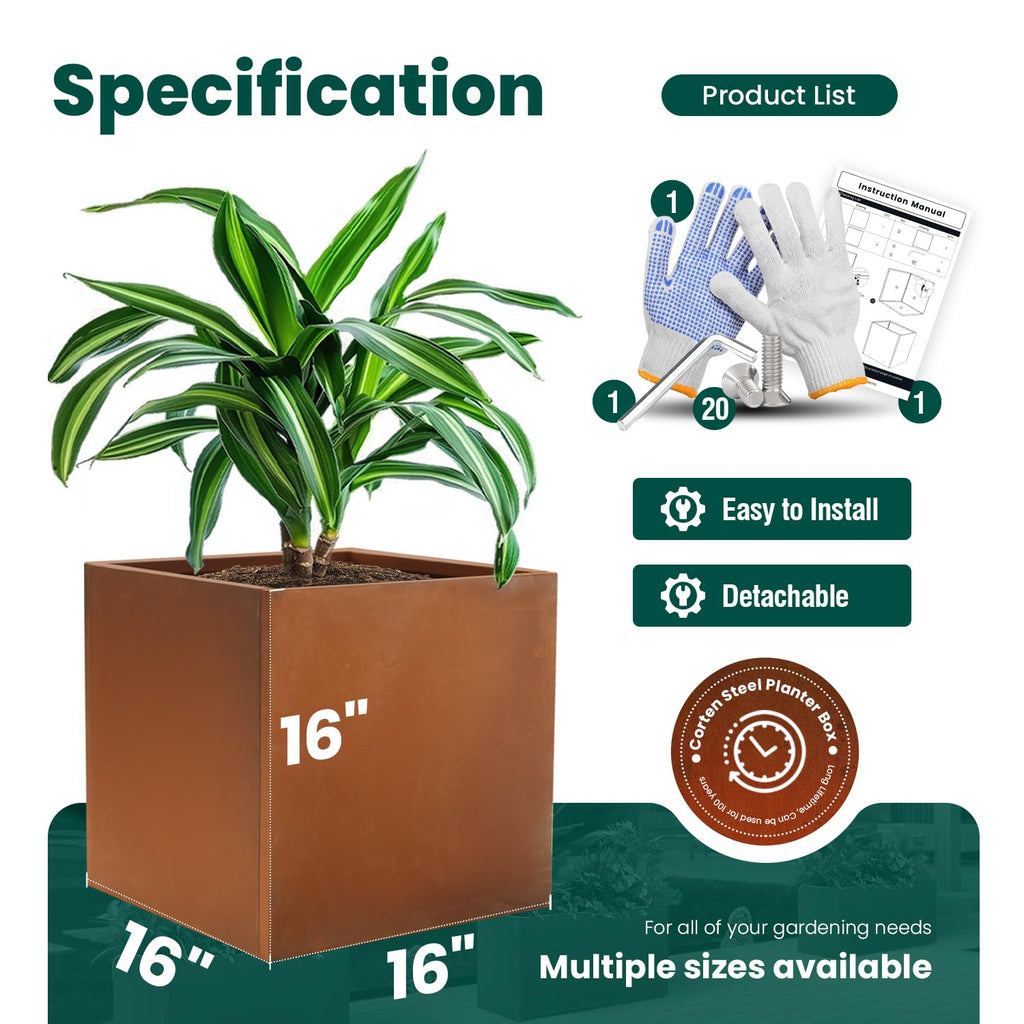 Corten Steel Planter Box 16 Inch, Square