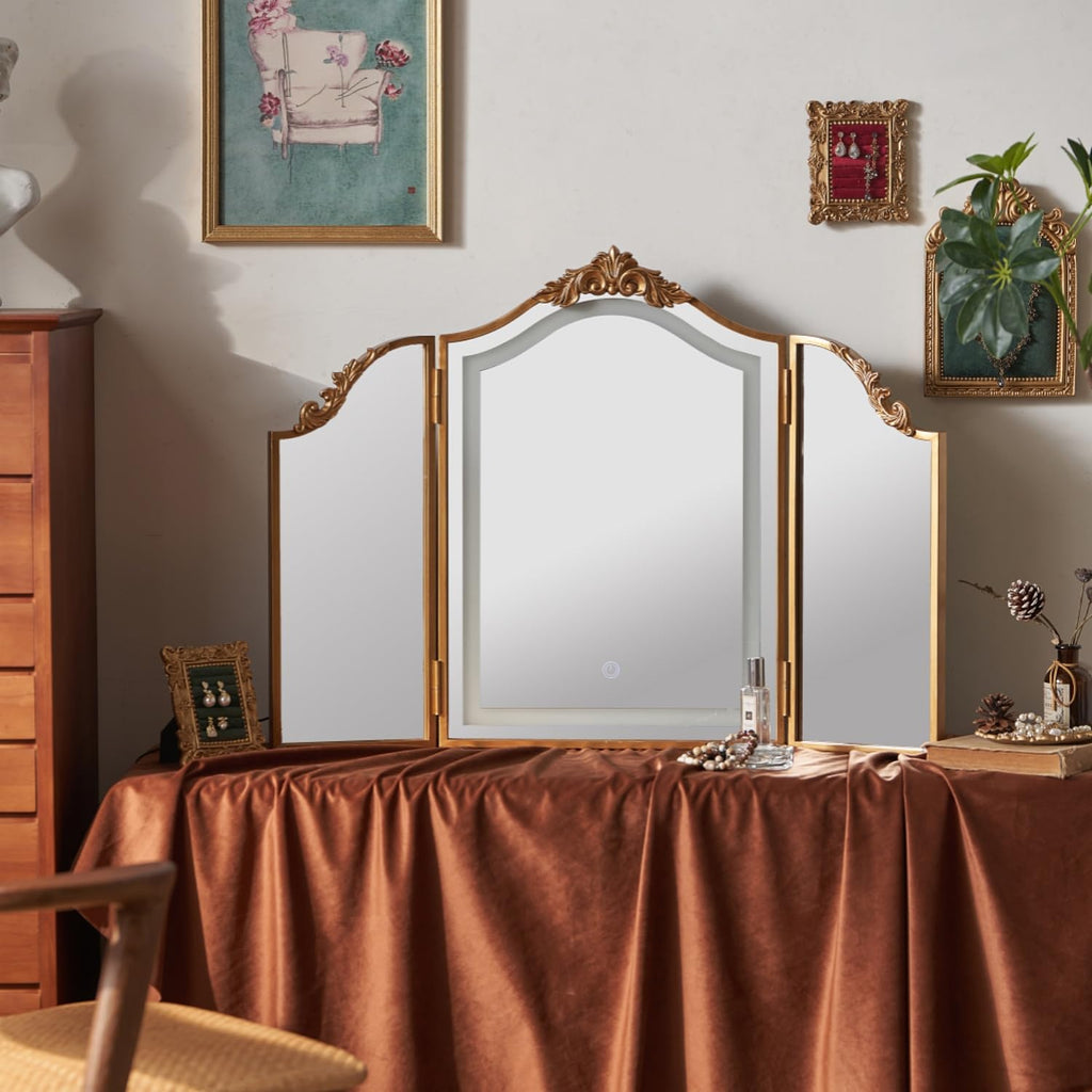 Antique Gold Triple Fold Makeup Mirror with Tri-Color LED Lighting & Dimming, Baroque Carved Arch Vintage Vanity