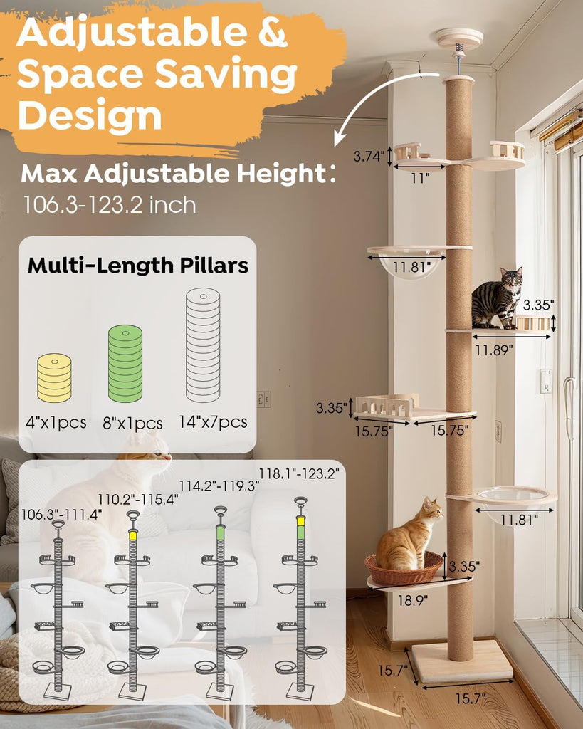 Floor to Ceiling Cat Tree, 102-122" Adjustable Tall Tension Cat Tower