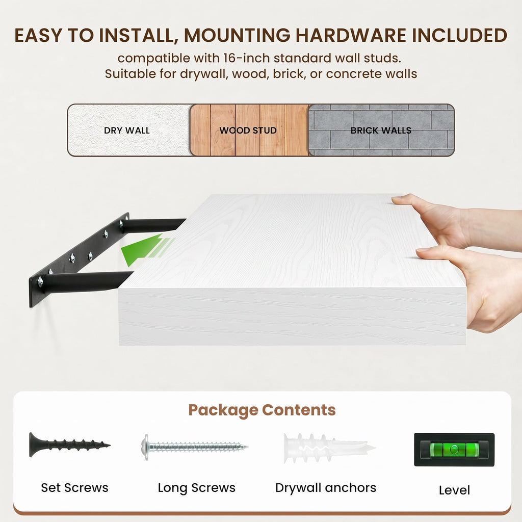 12 Inch Deep Floating Shelves, 12'' x 12'' White Shelves Set of 2