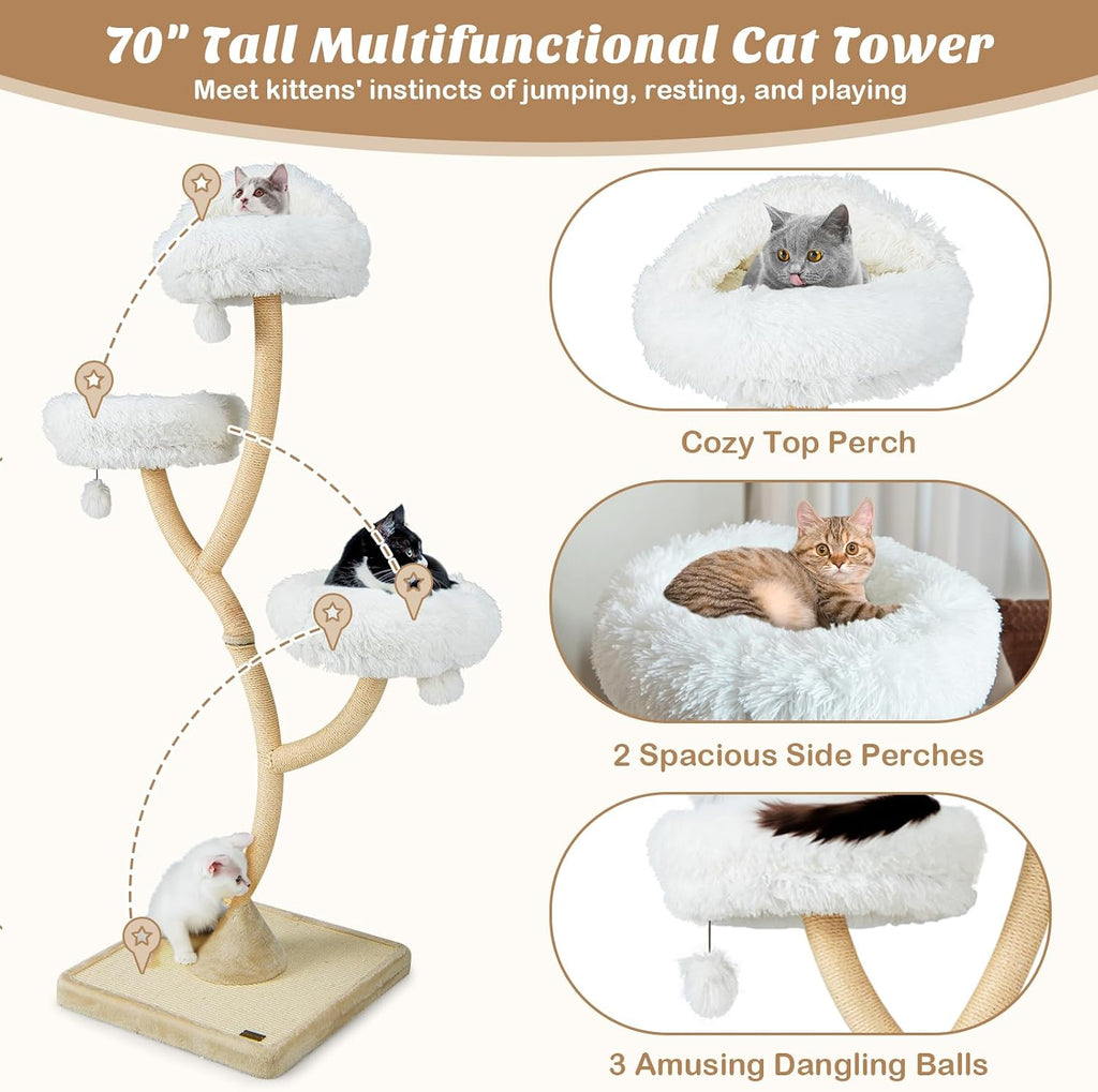 70" Tall Cat Tree, Cat Tower with Scratching Posts and Board, Multi-Level Cat Tower for Large Cats 20 lbs+ with 3