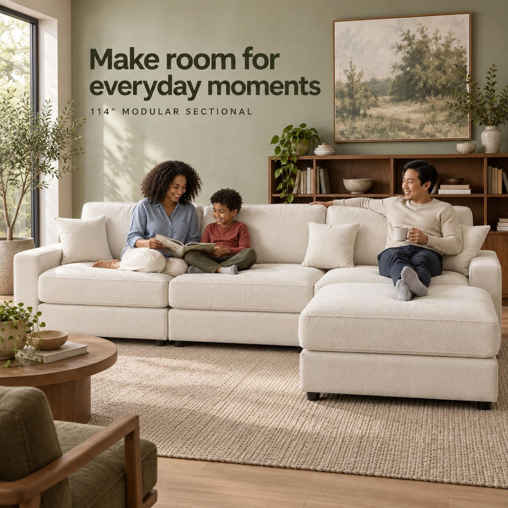 115" L-Shaped Modular Sectional Sofa, Oversized Deep Seat with Movable Ottoman, Chenille Upholstery, Side Pocket & 4
