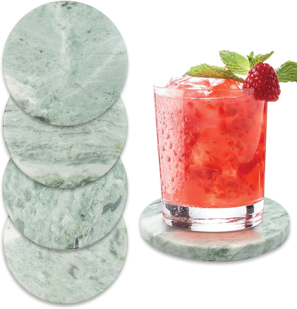 Green Marble Drink Coasters, Natural Stone Coasters, Elegant Home Decor - Set of 4