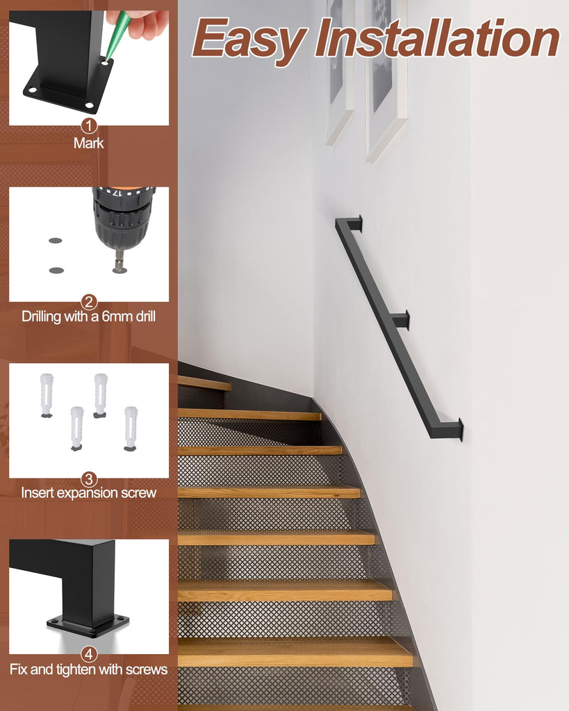 13FT Square Tube Black Black Handrail for Indoor Stair