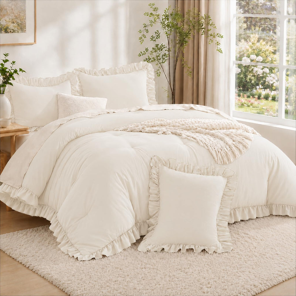 Comforter Set 3 Pieces Beige Ruffle Bedding Set