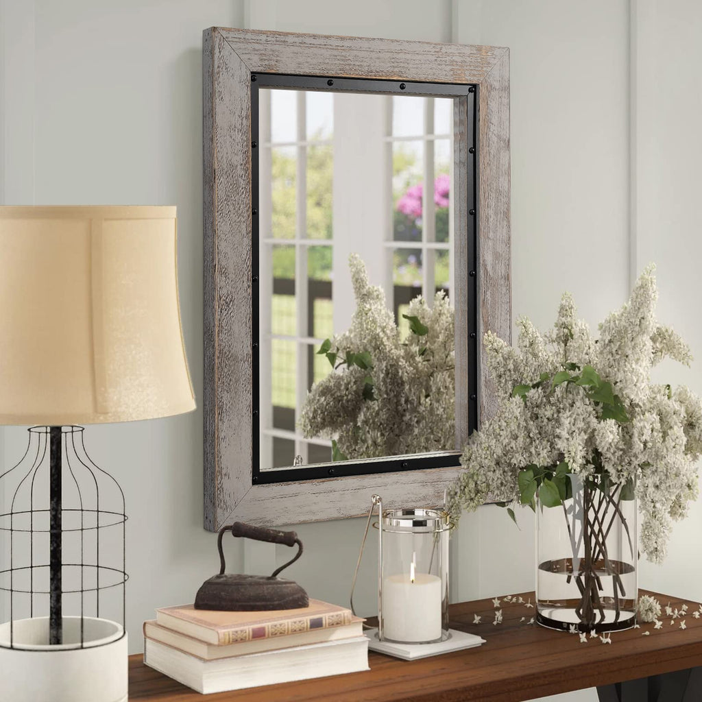 Rustic Wooden Framed Wall Mirror, Natural Wood and Iron Bathroom Vanity Mirror for Farmhouse Decor, Vertical or