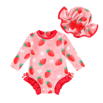 Infant Baby Girl Swimsuit Long Sleeve Bathing Suit with Hat