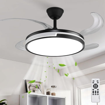 Retractable Ceiling Fans with Lights and Remote, 42'' Black and White Modern Fandelier Ceiling Fans Dimmable LED