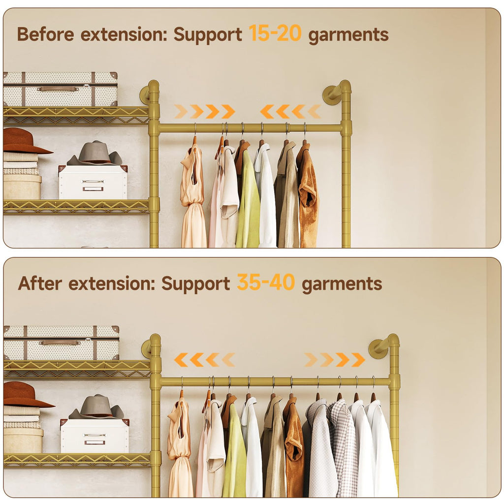 L2 Wall Mounted Closet System, Industrial Pipe Clothing Rack, Gold