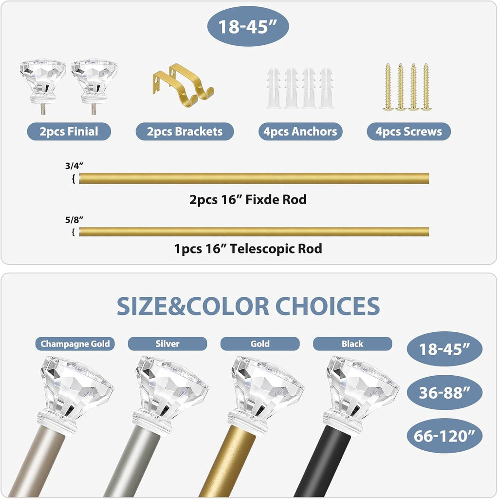 Gold Decorative Crystal Curtain Rods :Heavy Duty Adjustable Window Curtains Rods for Living Room Bedroom