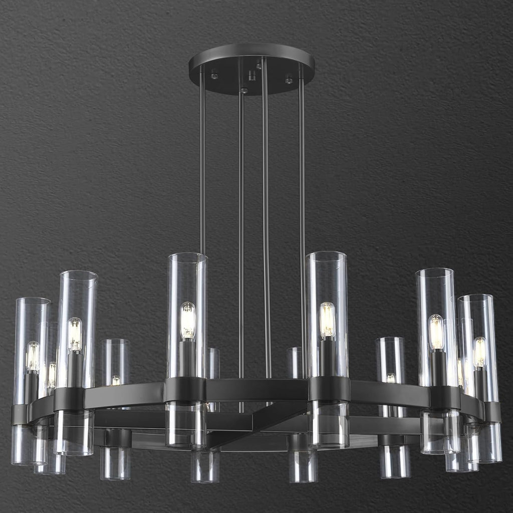 12 Light Black Round Chandelier 36'' Wagon Wheel Chandeliers for Dining Room Light Fixture Clear Glass Tube Chandelier Modern Farmhouse Chandeliers for Living Room Bedroom, Bulb Included A115-B0CF1YY1YS