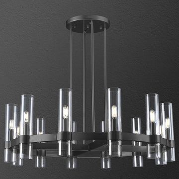 12 Light Black Round Chandelier 36'' Wagon Wheel Chandeliers for Dining Room Light Fixture Clear Glass Tube Chandelier Modern Farmhouse Chandeliers for Living Room Bedroom, Bulb Included A115-B0CF1YY1YS