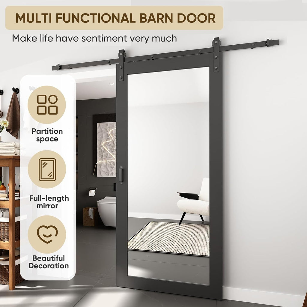 36in x 84in Mirror Barn Door with 6.6FT Sliding Door Hardware Kit Included, 1 Lites Full Length, Sol
