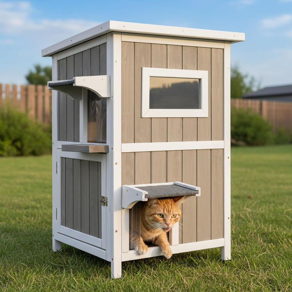 2-Story Outdoor Cat House, Weatherproof Wooden Feral Cat Shelter with Openable Roof, PVC Curtains, Transparent