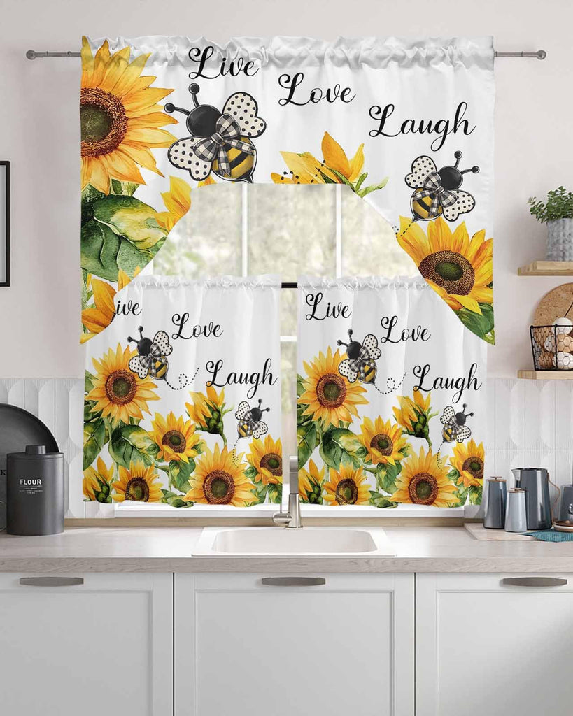 Sunflower Bee Swag Kitchen Curtains Valance and Tier Set 24 Inch Length, Vintage Yellow Floral Farmhouse Watercolor