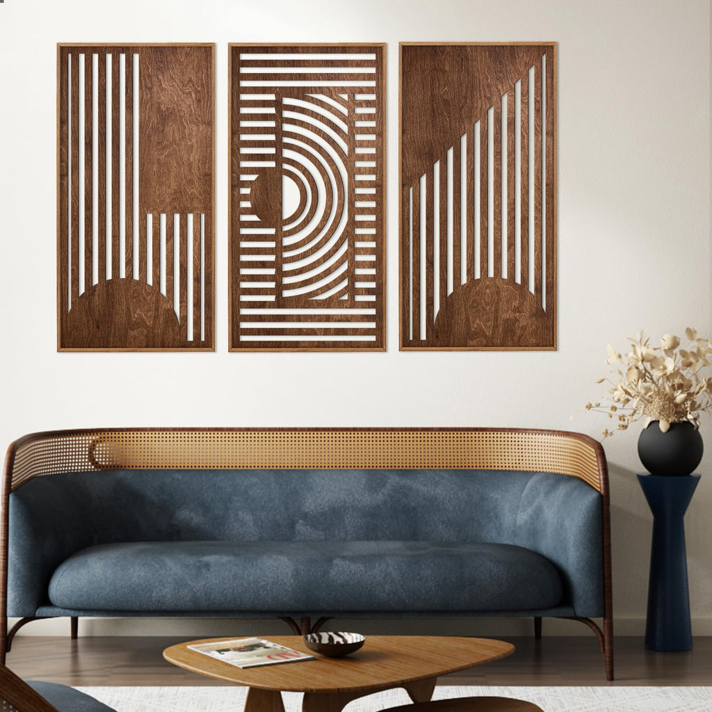 Abstract Geometric Framed Wooden Wall Art Decor(16"x32"x3pcs), Large Vintage Mid Century Rectangle Wall Sculptures